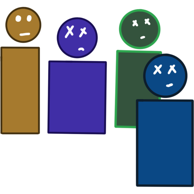 a drawing of a group of 4 people. 3 out of the 4 people have white Xs where there eyes should be but the person to the furtherest left has regular circle eyes